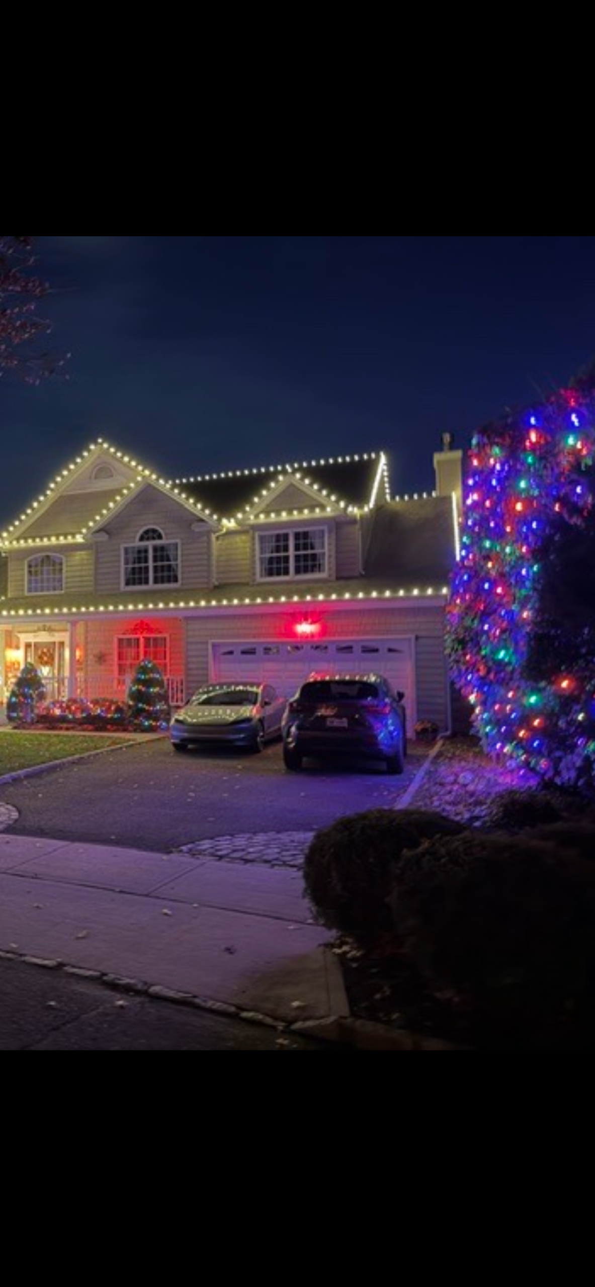 Warm white roofline and colorful tree lighting